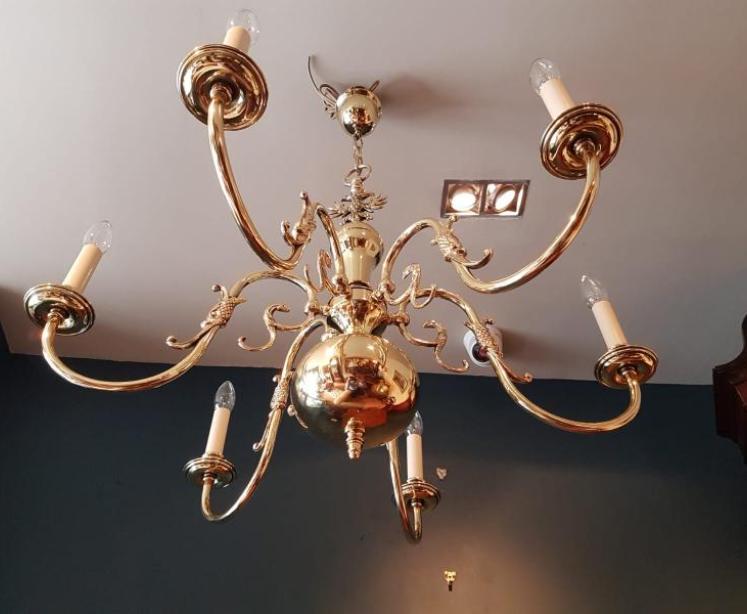 Edwardian Polished Brass Six Arm Chandelier - Image 5