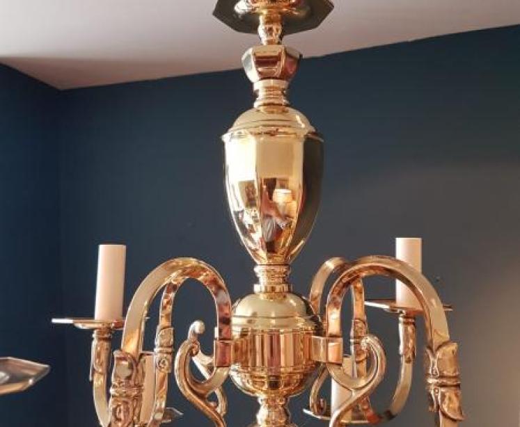 Stylish Edwardian Antique Brass Two Tier Chandelier - Image 4