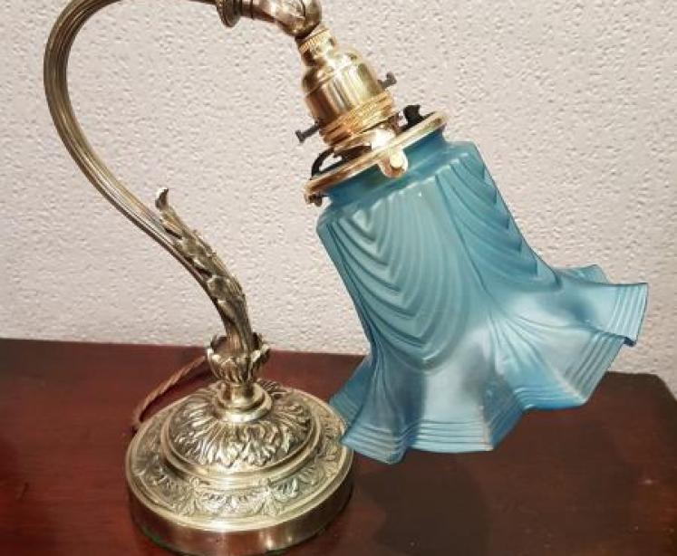 Antique Edwardian Cast Brass Table Lamp and Shade - Image 1