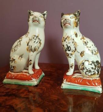 Rare Matching Pair of Antique Staffordshire Pottery Cats