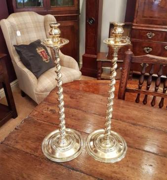Large Pair Of Antique Brass Barley Twist Candlesticks 