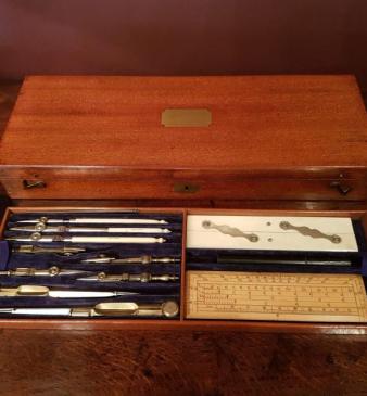 Superb Victorian Mahogany Cased Drawing Instruments Set