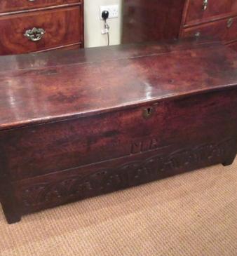 Superb 17th Century Oak Carved Front Coffer c.1670