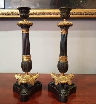 Superb Pair of Regency Antique Bronze & Ormolu Candlesticks