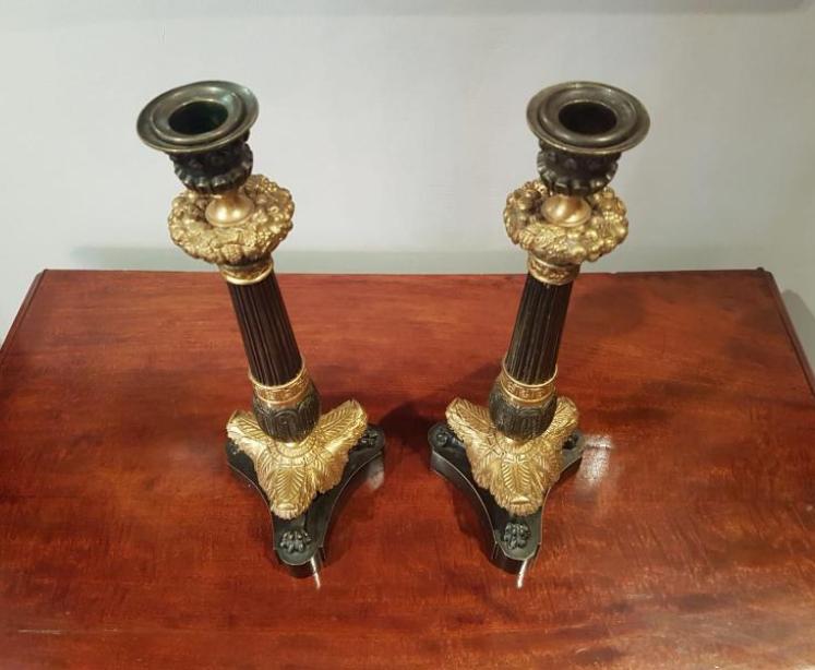 Superb Pair of Regency Antique Bronze & Ormolu Candlesticks - Image 2