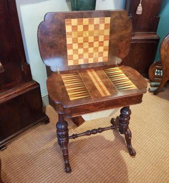 Victorian Burr Walnut Work and Gaming Table 