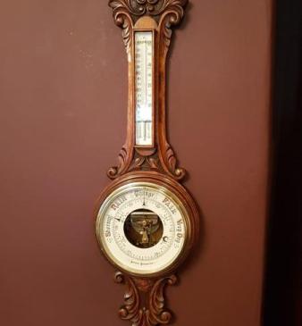 Victorian Carved Oak Banjo Barometer with Skeletonised Movement