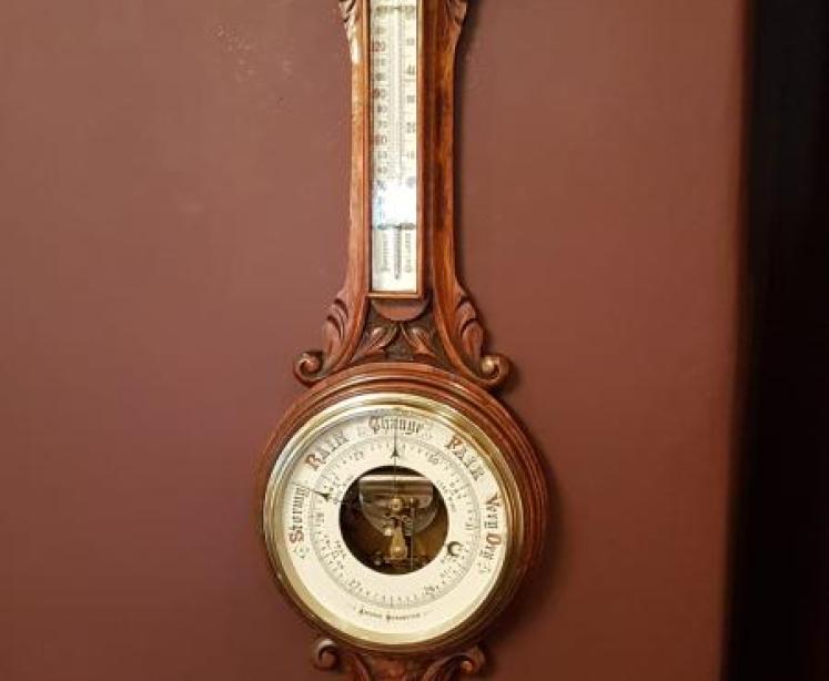 Victorian Carved Oak Banjo Barometer with Skeletonised Movement - Image 1