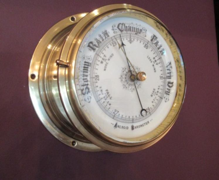 Large Antique Polished Brass Bulkhead Marine Barometer - Image 1