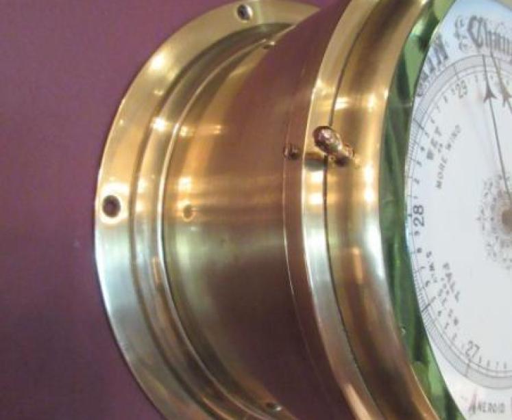 Large Antique Polished Brass Bulkhead Marine Barometer - Image 2