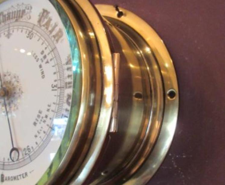 Large Antique Polished Brass Bulkhead Marine Barometer - Image 5