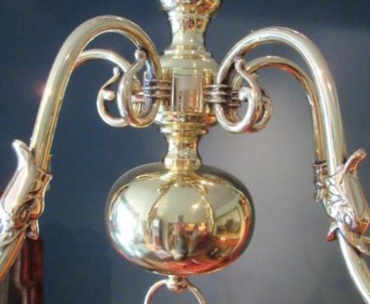 Small Edwardian Polished Brass Five Arm Chandelier - Image 2
