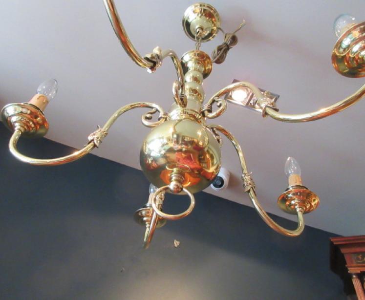Small Edwardian Polished Brass Five Arm Chandelier - Image 4