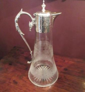 Antique Cut & Etched Glass Silvered Claret Jug