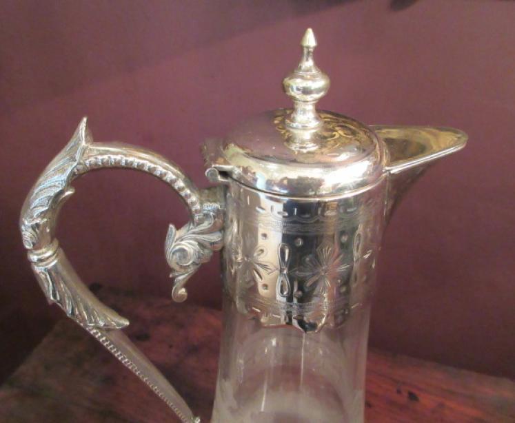 Antique Cut & Etched Glass Silvered Claret Jug - Image 2