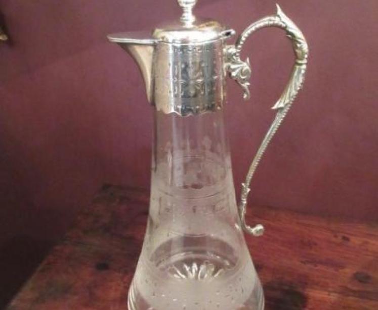 Antique Cut & Etched Glass Silvered Claret Jug - Image 5