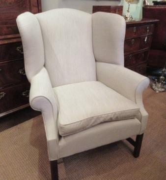 George III Period Antique Linen Upholstered Wing Armchair