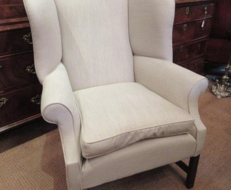 George III Period Antique Linen Upholstered Wing Armchair - Image 1
