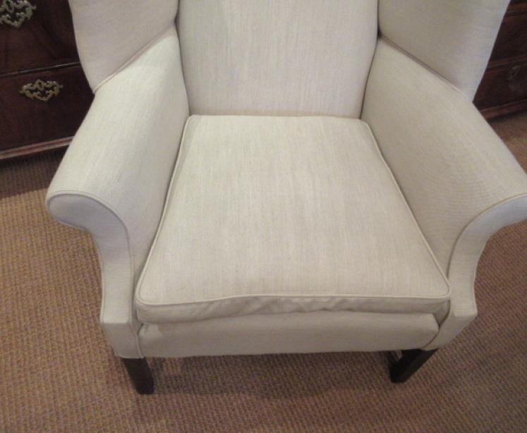 George III Period Antique Linen Upholstered Wing Armchair - Image 2