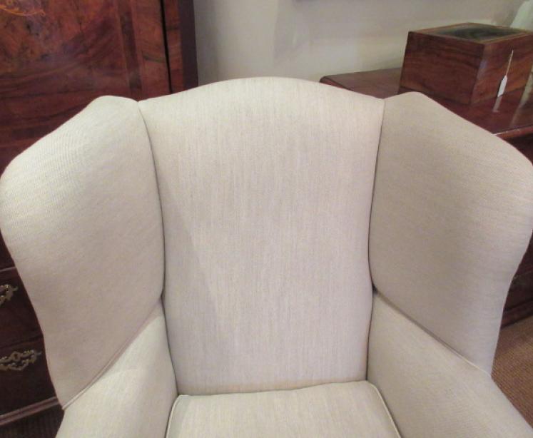 George III Period Antique Linen Upholstered Wing Armchair - Image 4