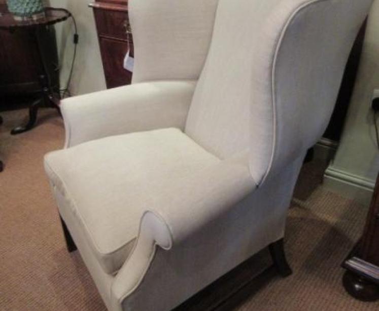 George III Period Antique Linen Upholstered Wing Armchair - Image 5