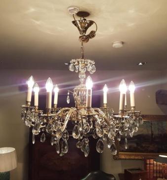 Superb Antique Brass and Crystal Ten Arm Chandelier