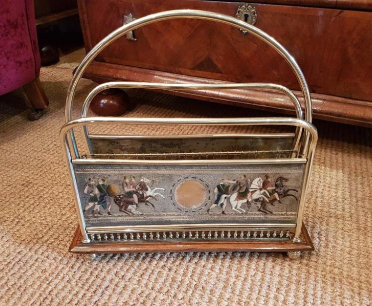 Victorian Brass Magazine Rack with Engraved Decorative Panels - Image 1