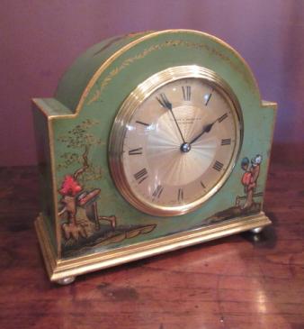 Edwardian Light Green Lacquered Chinioserie Mantel Clock