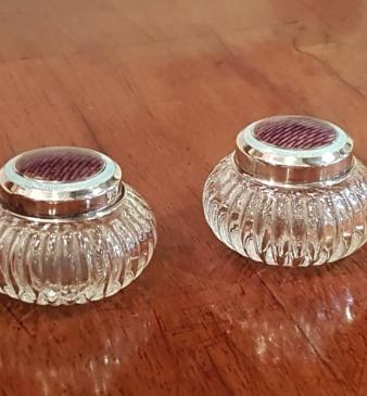 Pair of Mauve Enamel on Silver Cut Crystal Rouge Pots