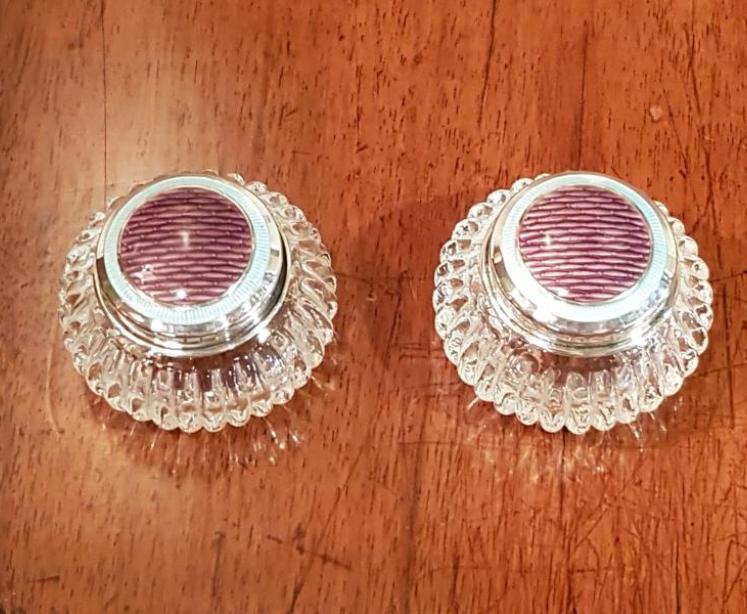 Pair of Mauve Enamel on Silver Cut Crystal Rouge Pots - Image 2