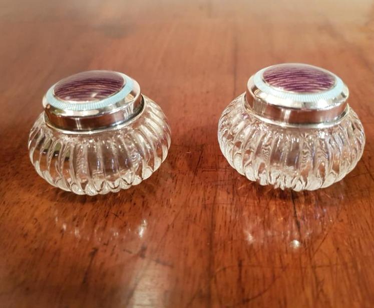 Pair of Mauve Enamel on Silver Cut Crystal Rouge Pots - Image 5