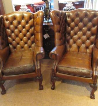 Superb Pair of Antique Leather Buttoned Wing Armchairs