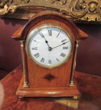 Edwardian Polished Oak Inlaid Mantel Clock