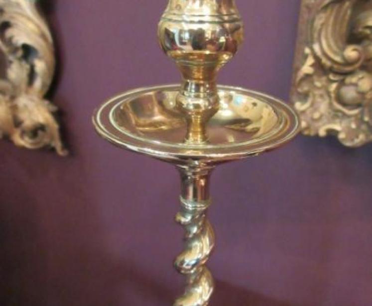 Tall Pair of Antique Cast Brass Twisted Candlesticks - Image 2
