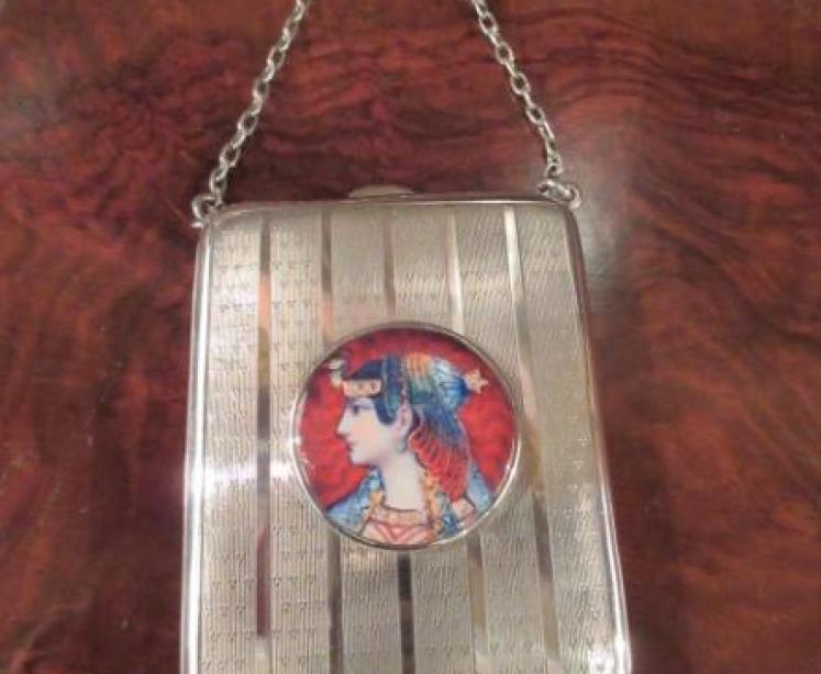 Antique Silver & Egyptian Lady Porcelain Plaque Card Case - Image 1