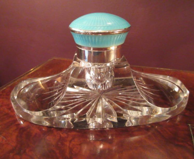 Art Deco Silver & Blue Enamel Top Inkstand - Image 5