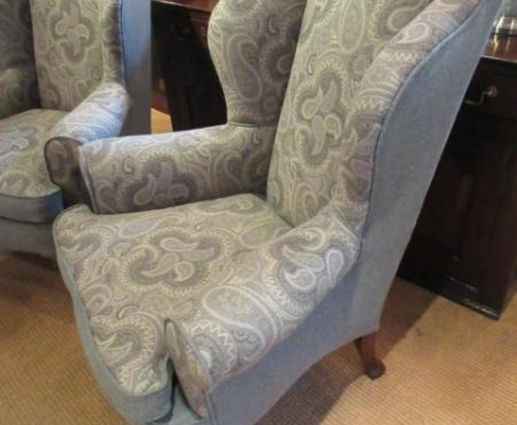 Superb Pair of Antique Upholstered Wing Back Armchairs - Image 5