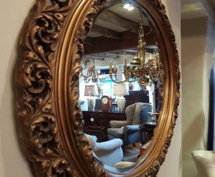 Large Antique Carved Timber Gilt Oval Mirror - Image 2
