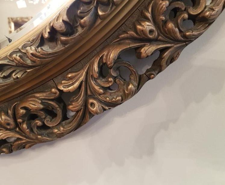 Large Antique Carved Timber Gilt Oval Mirror - Image 3