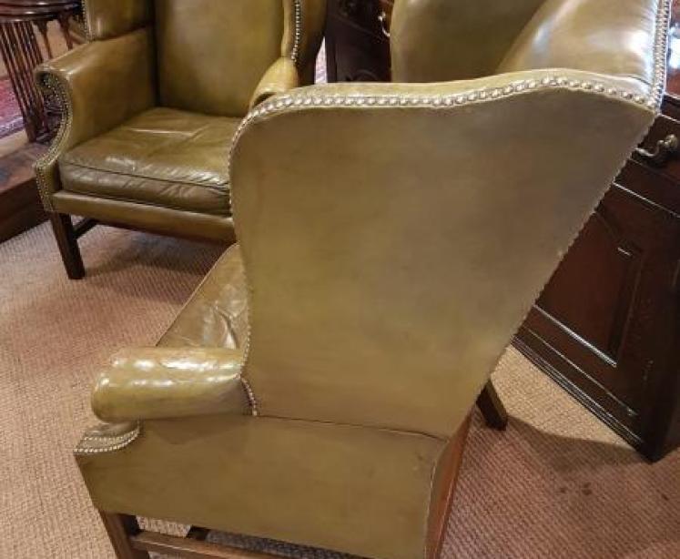 Pair Of Antique 1920's Olive Hide Wing Back Chairs - Image 2