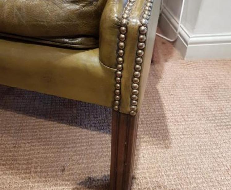 Pair Of Antique 1920's Olive Hide Wing Back Chairs - Image 3