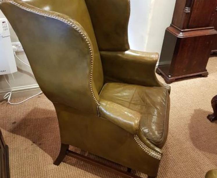 Pair Of Antique 1920's Olive Hide Wing Back Chairs - Image 5
