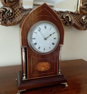 Antique Mahogany Sheraton Inlaid Lancet Top Mantel Clock