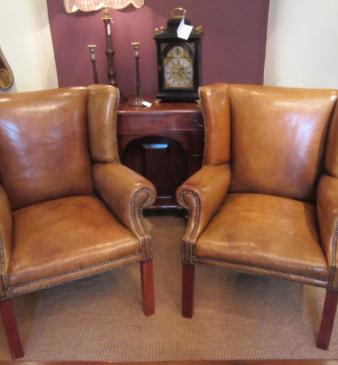 Superb Pair of 1920's Leather Wing Armchairs
