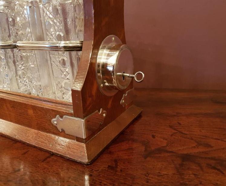 Victorian Oak & Silvered Tilting Three Bottle Tantalus - Image 3
