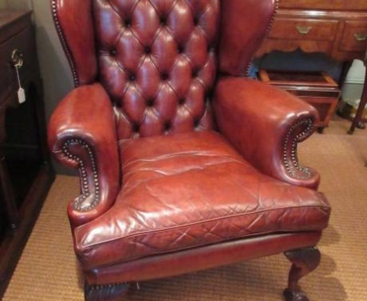 Antique Leather Button Back Wing Armchair - Image 1