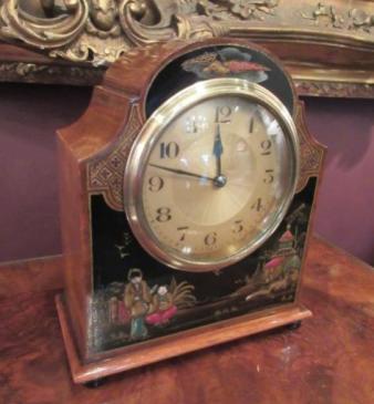 Edwardian Antique Walnut Cased Chinoiserie Mantel Clock