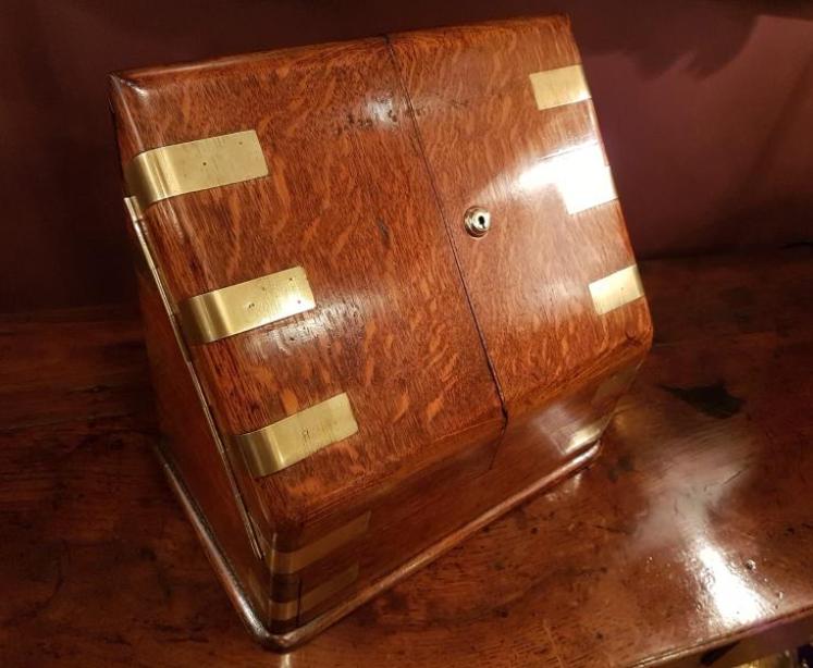 Superb Antique Brass Bound Oak Fitted Stationary Box - Image 1