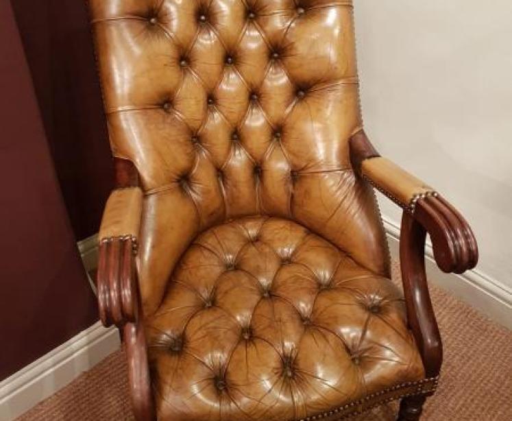 Antique Button Back Leather Open Am Chair - Image 1