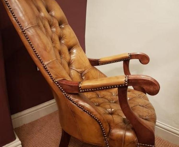 Antique Button Back Leather Open Am Chair - Image 2